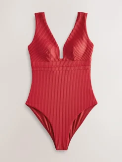Next Red Rib Plunge Shaping Tummy Control Swimsuit^Women Swimwear