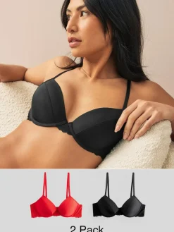 Best Next Push Up Pad Plunge A-E Smoothing T-Shirt Bras 2 Pack Red/Black