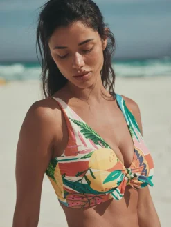 Sale Next DD+ Knot Front Plunge Bikini Top Red/Green Tropical