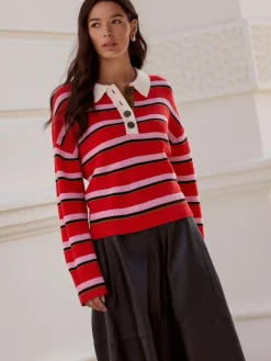 Next 100% Wool N.Premium Polo Jumper Red/Pink Stripe