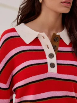 Next 100% Wool N.Premium Polo Jumper Red/Pink Stripe