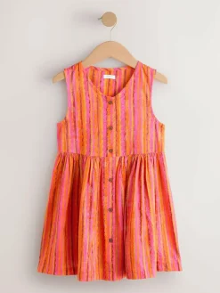 Clearance Next Stripe Short Sleeve Button Through Dress (3-16yrs) Red/Pink Stripe