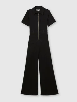Online Reiss Black Danie Wide-Leg Zip-Through Denim Jumpsuit