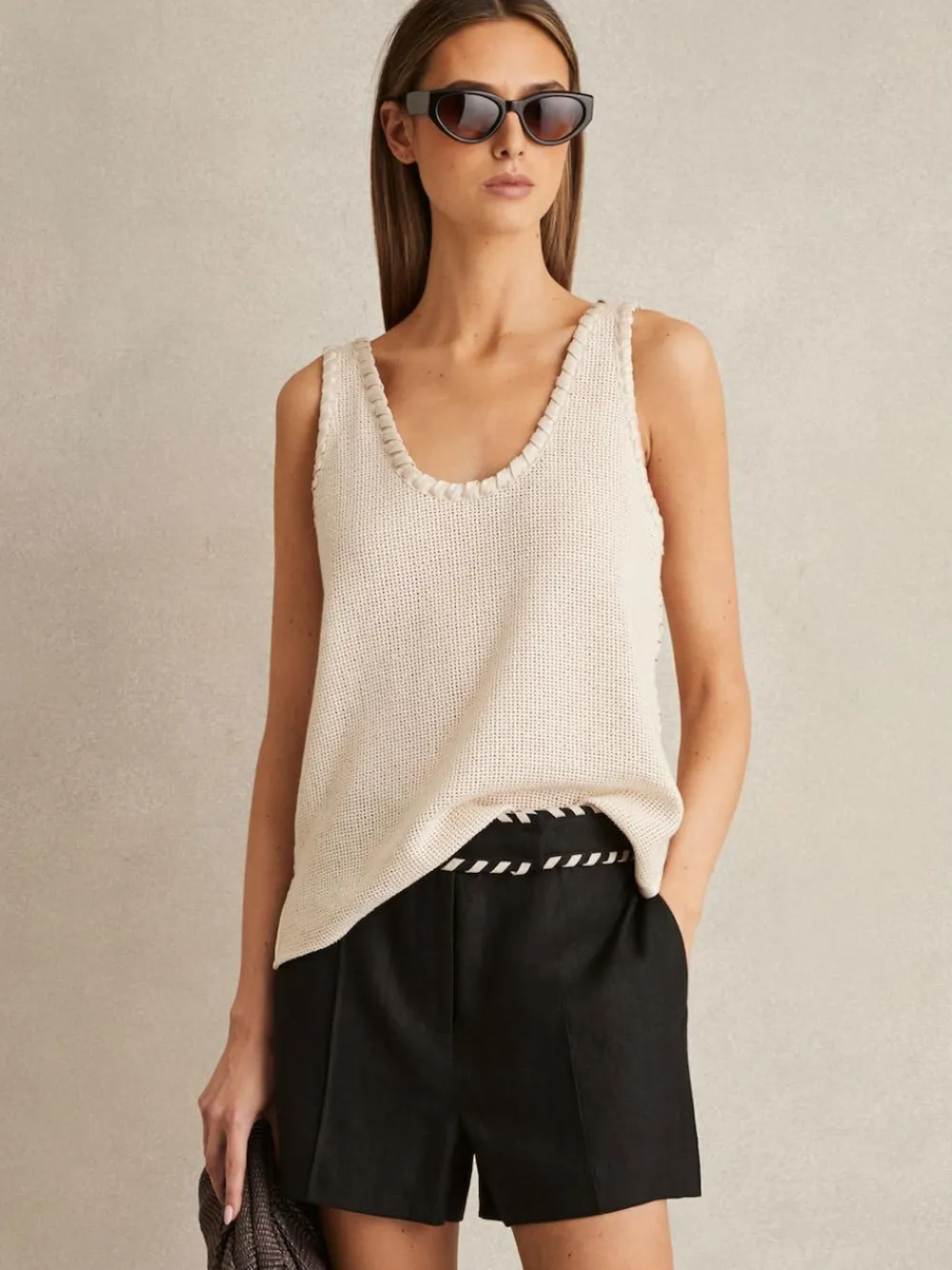 New Reiss Fawn Linen Whipstitch Shorts Black