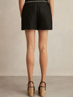 New Reiss Fawn Linen Whipstitch Shorts Black