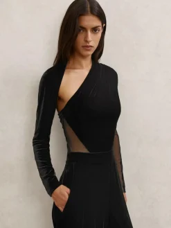 Reiss Black Karolina Velvet Sheer-Panel Wide-Leg Jumpsuit^Women Jumpsuits & Playsuits