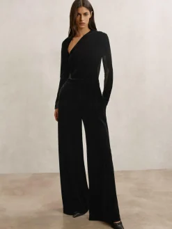 Reiss Black Karolina Velvet Sheer-Panel Wide-Leg Jumpsuit^Women Jumpsuits & Playsuits
