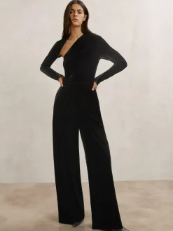 Reiss Black Karolina Velvet Sheer-Panel Wide-Leg Jumpsuit^Women Jumpsuits & Playsuits