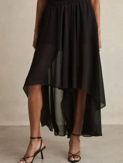 Outlet Reiss Black Lucie Sheer-Overlay High-Low Shorts