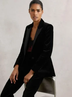 New Reiss Black Myrtle Velvet Single Breasted Suit Blazer