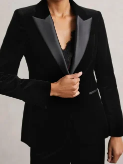 New Reiss Black Myrtle Velvet Single Breasted Suit Blazer