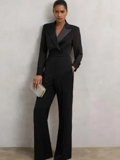 Reiss Black Perla Sheer-Sleeve Tuxedo Jumpsuit^Women Jumpsuits & Playsuits