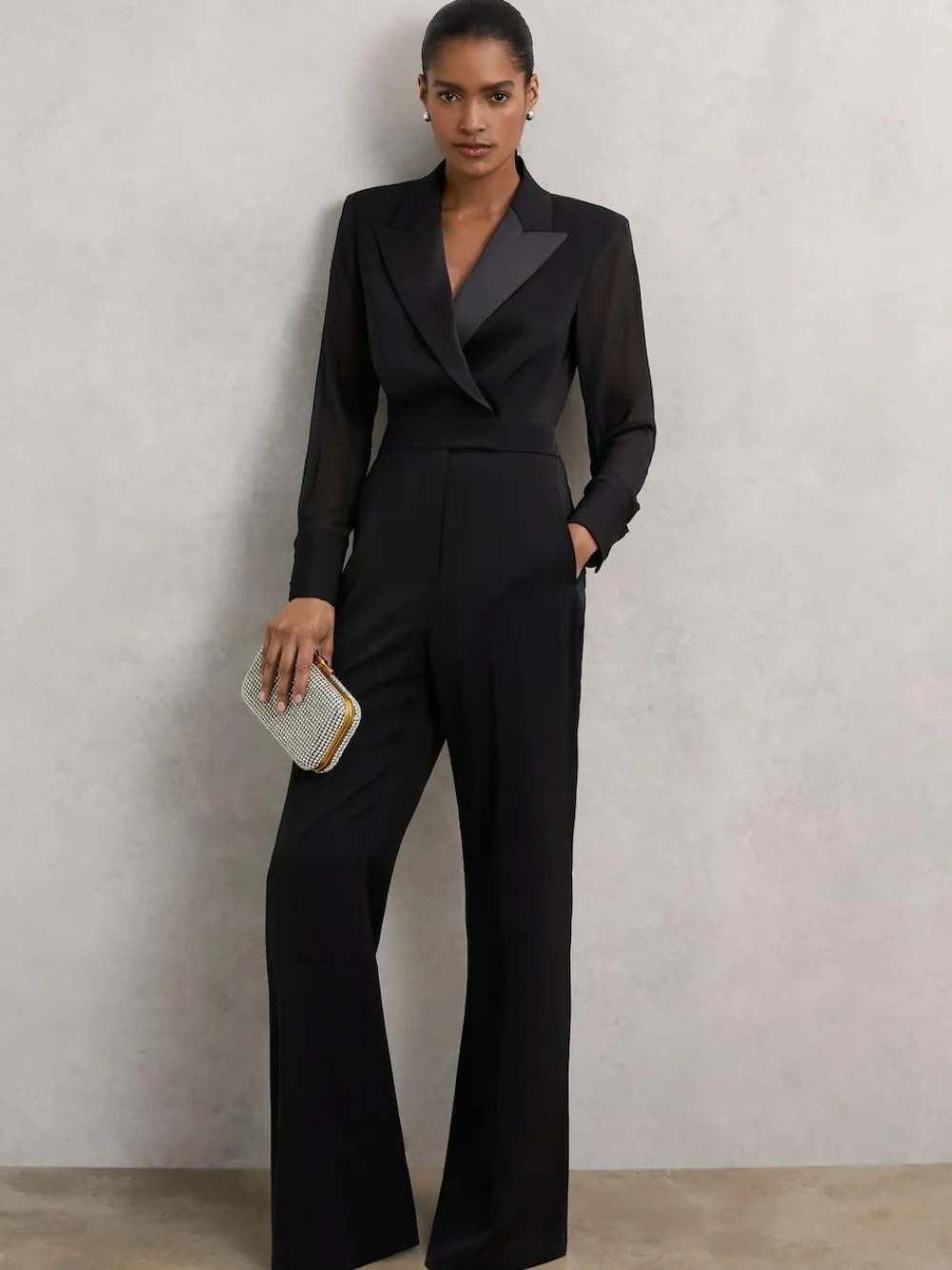 Reiss Black Perla Sheer-Sleeve Tuxedo Jumpsuit^Women Jumpsuits & Playsuits