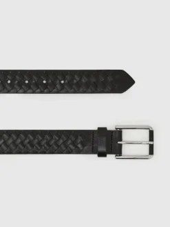 Reiss Black Preston Leather Woven Belt^ Belts & Braces