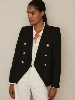 New Reiss Tally Tailored Fit Textured Double Breasted Blazer Black