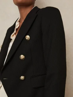 New Reiss Tally Tailored Fit Textured Double Breasted Blazer Black