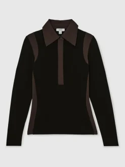 Reiss Black/Chocolate Brown Denise Jersey Colour-Block Collared Shirt