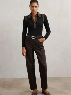 Reiss Black/Chocolate Brown Denise Jersey Colour-Block Collared Shirt