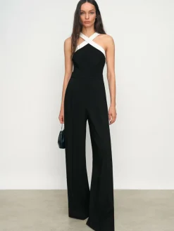 New Reiss Black/Cream Cliona Colour-Block Halter Wide-Leg Jumpsuit