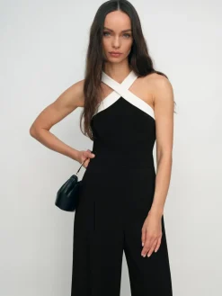 New Reiss Black/Cream Cliona Colour-Block Halter Wide-Leg Jumpsuit