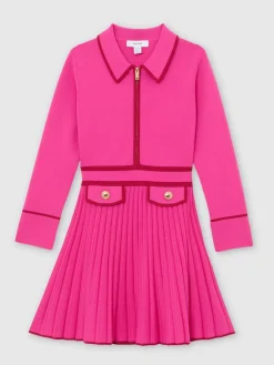 Hot Reiss Anne 9-13 yrs Pleated Tipped Knit Dress Bright Pink