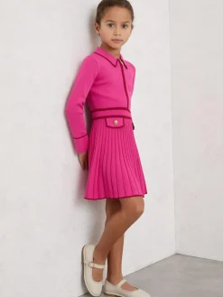 Hot Reiss Anne 9-13 yrs Pleated Tipped Knit Dress Bright Pink