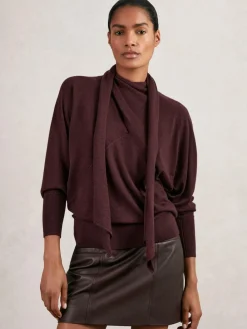 Sale Reiss Alexis Wool Scarf-Tie Draped Jumper Burgundy