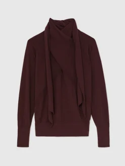 Sale Reiss Alexis Wool Scarf-Tie Draped Jumper Burgundy