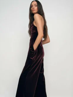 Discount Reiss Burgundy Andria Petite Velvet Drape Strapless Jumpsuit