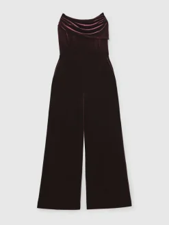 Reiss Burgundy Andria Velvet Drape Strapless Jumpsuit^Women Jumpsuits & Playsuits