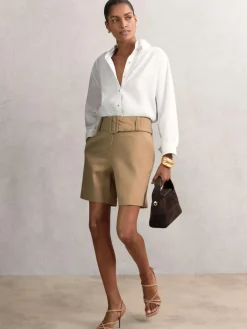 Discount Reiss Camel Harper Cotton-Blend Belted Shorts With Linen