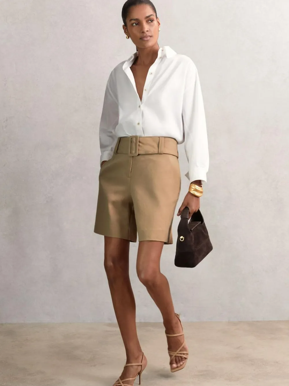 Discount Reiss Camel Harper Cotton-Blend Belted Shorts With Linen