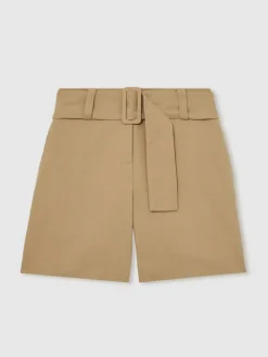 Discount Reiss Camel Harper Cotton-Blend Belted Shorts With Linen