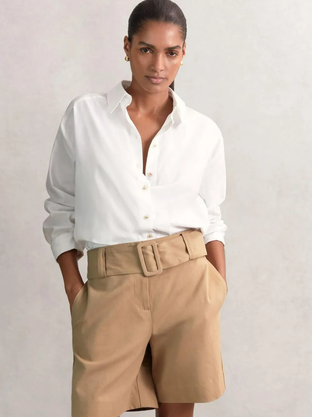 Discount Reiss Camel Harper Cotton-Blend Belted Shorts With Linen
