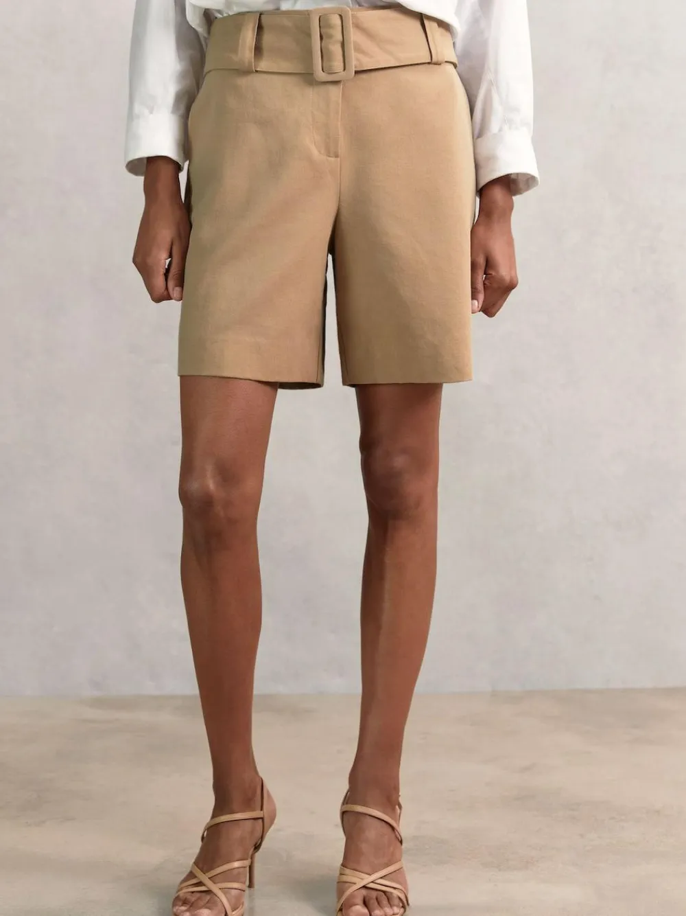 Discount Reiss Camel Harper Cotton-Blend Belted Shorts With Linen