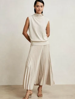Outlet Reiss Seren Pleated Midi Skirt Champagne Neutral