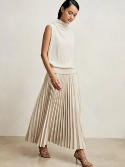 Outlet Reiss Seren Pleated Midi Skirt Champagne Neutral