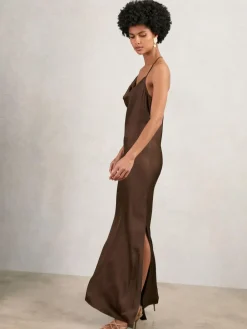 Online Reiss Chocolate Brown Maisley Satin Cowl-Neck Slip Dress