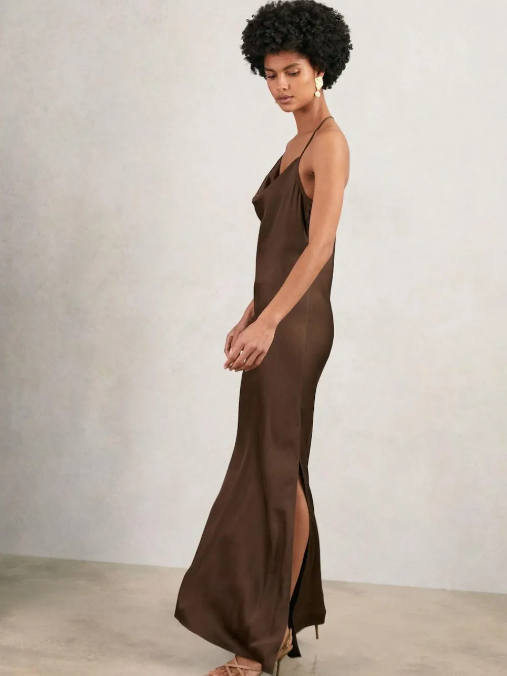Online Reiss Chocolate Brown Maisley Satin Cowl-Neck Slip Dress