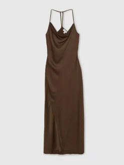 Online Reiss Chocolate Brown Maisley Satin Cowl-Neck Slip Dress