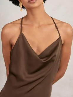 Online Reiss Chocolate Brown Maisley Satin Cowl-Neck Slip Dress