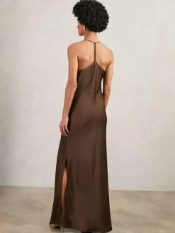 Online Reiss Chocolate Brown Maisley Satin Cowl-Neck Slip Dress