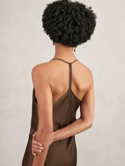 Online Reiss Chocolate Brown Maisley Satin Cowl-Neck Slip Dress