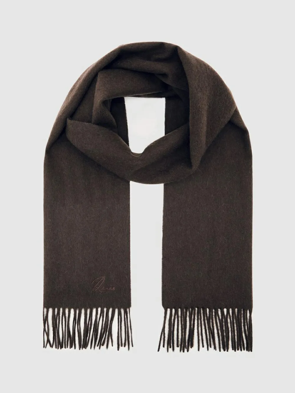 Clearance Reiss Picton Wool-Cashmere Script-Logo Scarf Chocolate Brown