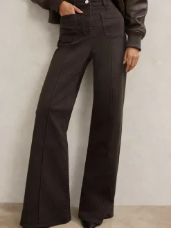 New Reiss Chocolate Brown Sakura Petite Patch-Pocket Flared Jeans