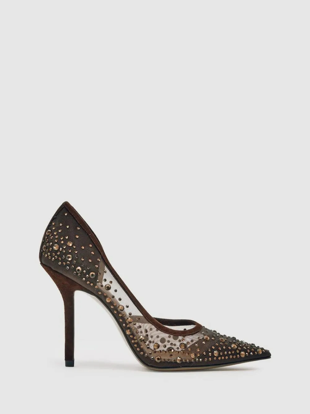 Clearance Reiss Emily Crystal-Embellished Mesh Court Shoes Chocolate