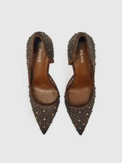 Clearance Reiss Emily Crystal-Embellished Mesh Court Shoes Chocolate