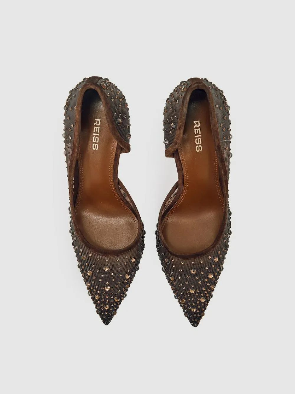 Clearance Reiss Emily Crystal-Embellished Mesh Court Shoes Chocolate