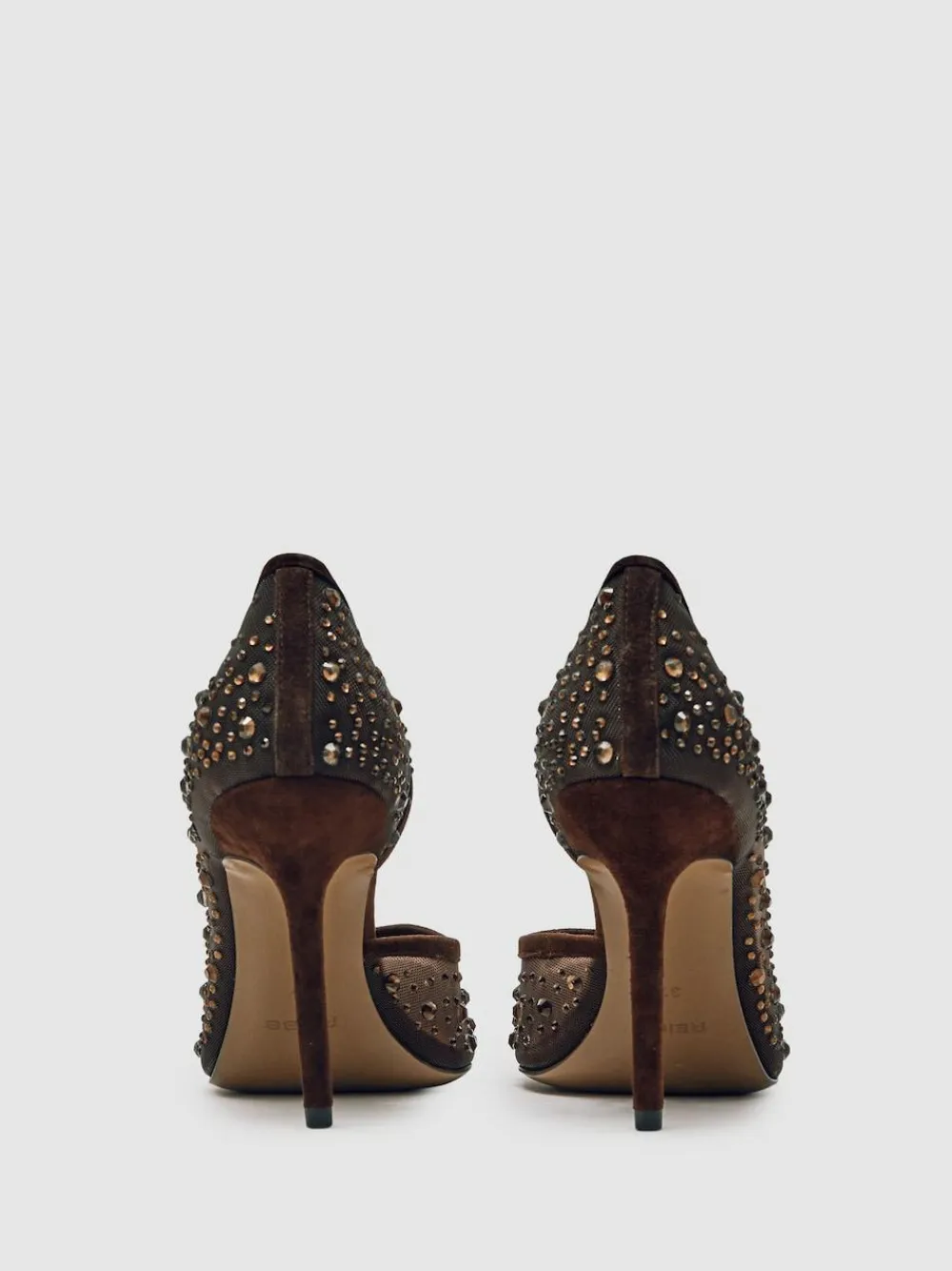 Clearance Reiss Emily Crystal-Embellished Mesh Court Shoes Chocolate