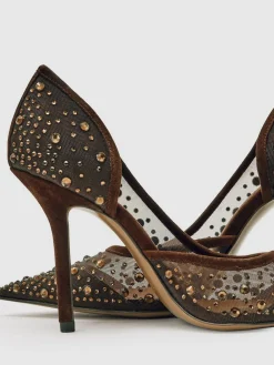 Clearance Reiss Emily Crystal-Embellished Mesh Court Shoes Chocolate